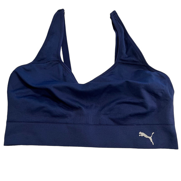 Puma Womens Sports T-Shirt Bra Size Large Navy Blue Adjustable Straps - Picture 1 of 4